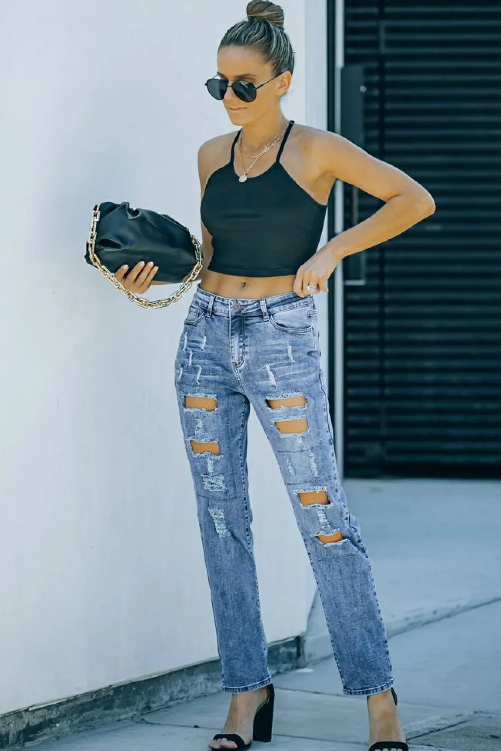 New Dear-Lover Sky Blue Buttoned Pockets Distressed Jeans Light Blue