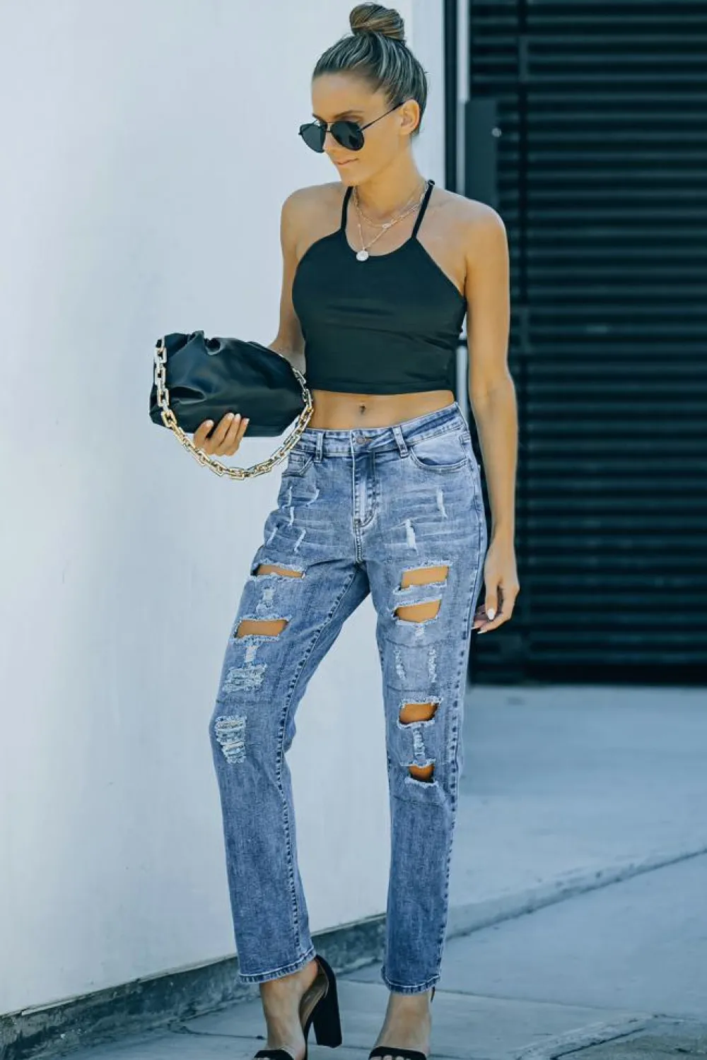 New Dear-Lover Sky Blue Buttoned Pockets Distressed Jeans Light Blue