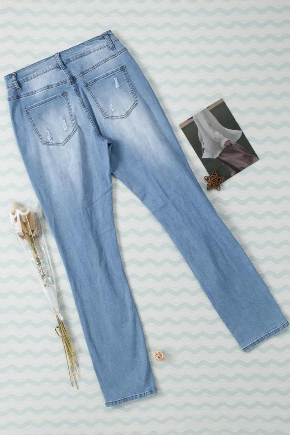 New Dear-Lover Sky Blue Buttoned Pockets Distressed Jeans Light Blue
