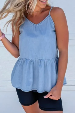 Sale Dear-Lover Casual Ruffled Spaghetti Straps Denim Tank Top Sky Blue