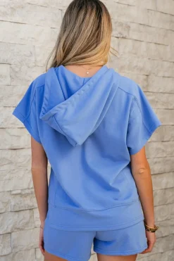 Outlet Dear-Lover Casual Zipped Short Sleeve Hoodie and Shorts Set Sky Blue