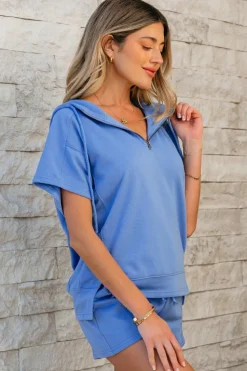 Outlet Dear-Lover Casual Zipped Short Sleeve Hoodie and Shorts Set Sky Blue