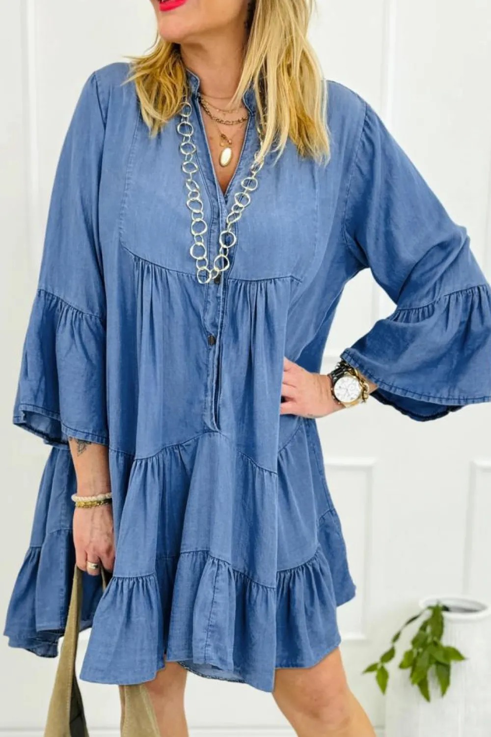 Online Dear-Lover Chambray Ruffled 3/4 Sleeve Tiered Split V Neck Mini Dress Sky Blue