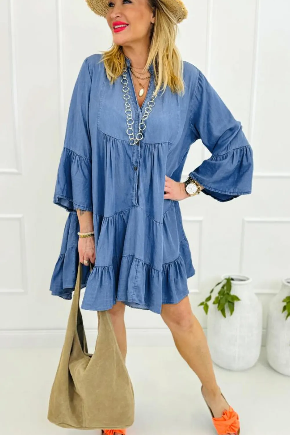 Online Dear-Lover Chambray Ruffled 3/4 Sleeve Tiered Split V Neck Mini Dress Sky Blue