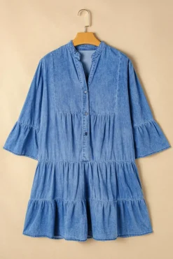 Online Dear-Lover Chambray Ruffled 3/4 Sleeve Tiered Split V Neck Mini Dress Sky Blue