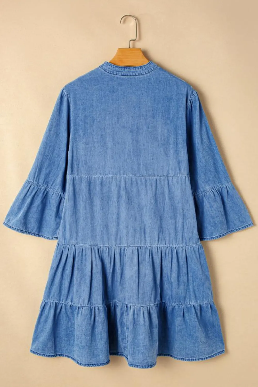 Online Dear-Lover Chambray Ruffled 3/4 Sleeve Tiered Split V Neck Mini Dress Sky Blue