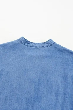 Online Dear-Lover Chambray Ruffled 3/4 Sleeve Tiered Split V Neck Mini Dress Sky Blue