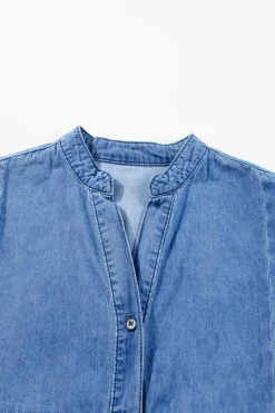 Online Dear-Lover Chambray Ruffled 3/4 Sleeve Tiered Split V Neck Mini Dress Sky Blue
