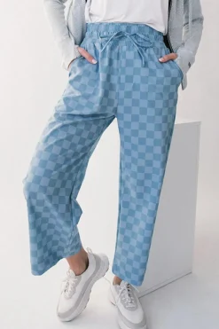 Clearance Dear-Lover Checkered Elastic High Waist Loose Casual Pants Sky Blue