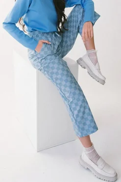 Clearance Dear-Lover Checkered Elastic High Waist Loose Casual Pants Sky Blue