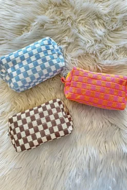 Fashion Dear-Lover Checkered Knitted Zipper Makeup Bag Sky Blue
