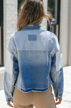 Sale Dear-Lover Color Block Denim Patchwork Frayed Hem Jacket Sky Blue