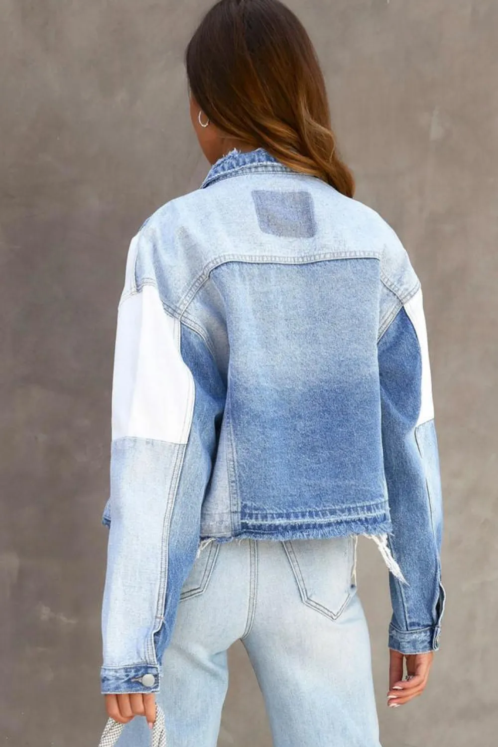 Sale Dear-Lover Color Block Denim Patchwork Frayed Hem Jacket Sky Blue