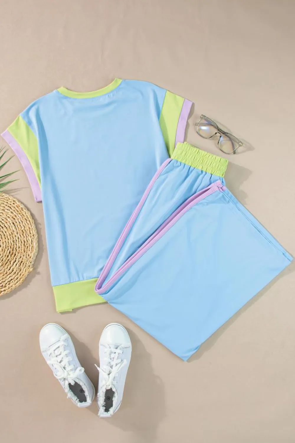 New Dear-Lover Color Block Detail Casual Two-piece Outfit Sky Blue