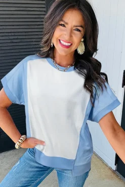 Best Dear-Lover Color Block Exposed Seam Crew Neck T Shirt Sky Blue