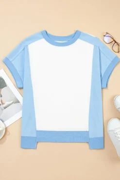 Best Dear-Lover Color Block Exposed Seam Crew Neck T Shirt Sky Blue