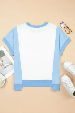 Best Dear-Lover Color Block Exposed Seam Crew Neck T Shirt Sky Blue