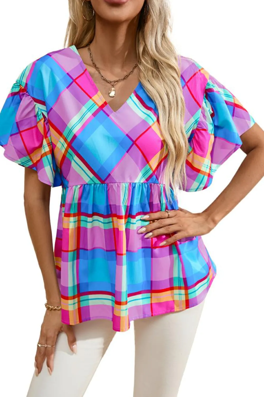 Sale Dear-Lover Colorful Plaid V Neck Ruffled Short Sleeve Babydoll Top Sky Blue