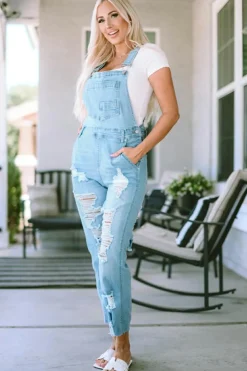 New Dear-Lover Constructed Bib Pocket Distressed Denim Overalls Sky Blue