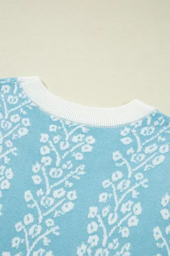 Discount Dear-Lover Contrast Floral Crewneck Short Sleeve Sweater Sky Blue