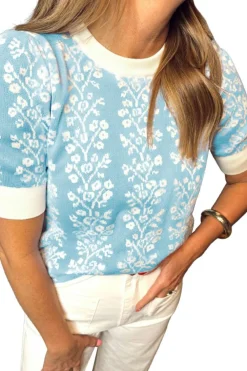 Discount Dear-Lover Contrast Floral Crewneck Short Sleeve Sweater Sky Blue