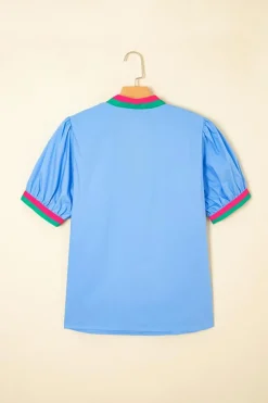 Outlet Dear-Lover Contrast Striped V Neck Collision Short Puff Sleeve Blouse Sky Blue