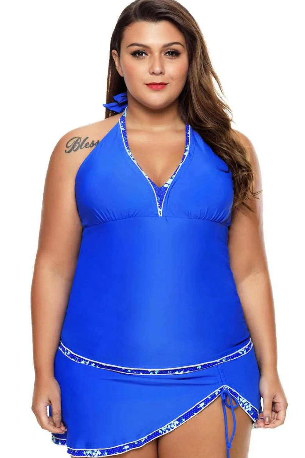 Outlet Dear-Lover Sky Contrast Trim Tankini Top with Swimsuit Skirt Tankini Set Blue