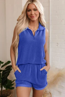 Outlet Dear-Lover Corded Collared Half Zip Tank Top Two Piece Shorts Set Sky Blue