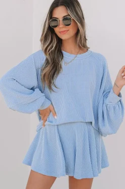 Best Dear-Lover Corded Lantern Sleeve Top High Waist Ruffled Mini Skirt Set Sky Blue