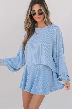 Best Dear-Lover Corded Lantern Sleeve Top High Waist Ruffled Mini Skirt Set Sky Blue