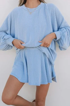 Best Dear-Lover Corded Lantern Sleeve Top High Waist Ruffled Mini Skirt Set Sky Blue
