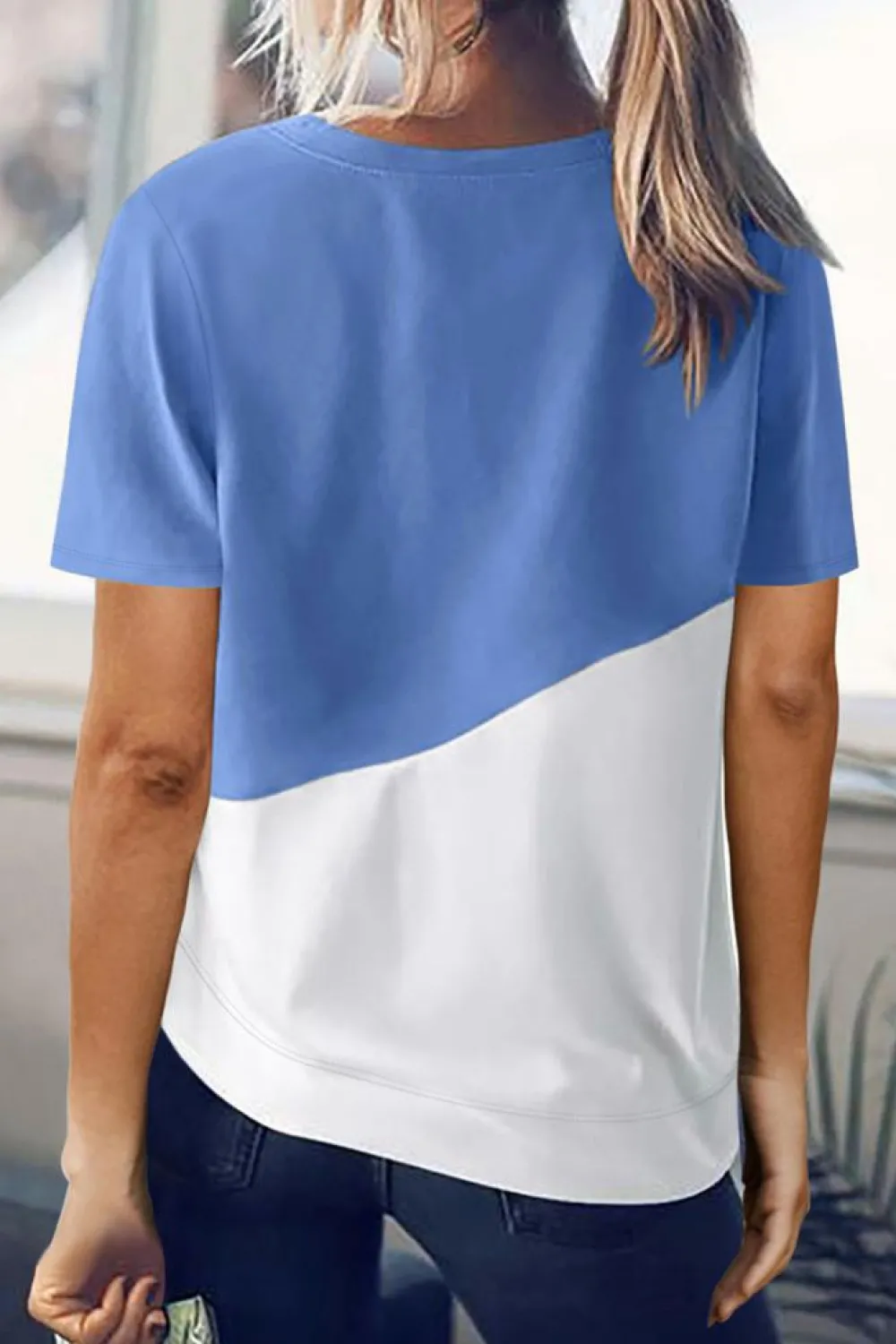 Best Dear-Lover Crew Neck Colorblock Tee Sky Blue