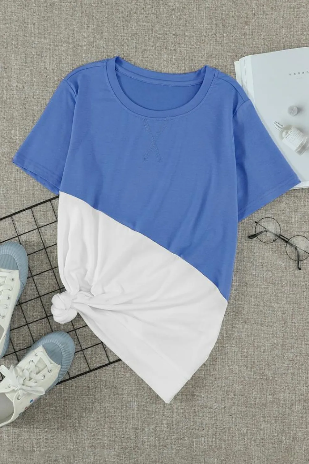 Best Dear-Lover Crew Neck Colorblock Tee Sky Blue