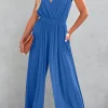 Best Dear-Lover Deep V Pleated Crisscross Wide Leg Backless Jumpsuit Sky Blue