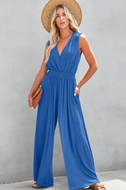 Best Dear-Lover Deep V Pleated Crisscross Wide Leg Backless Jumpsuit Sky Blue