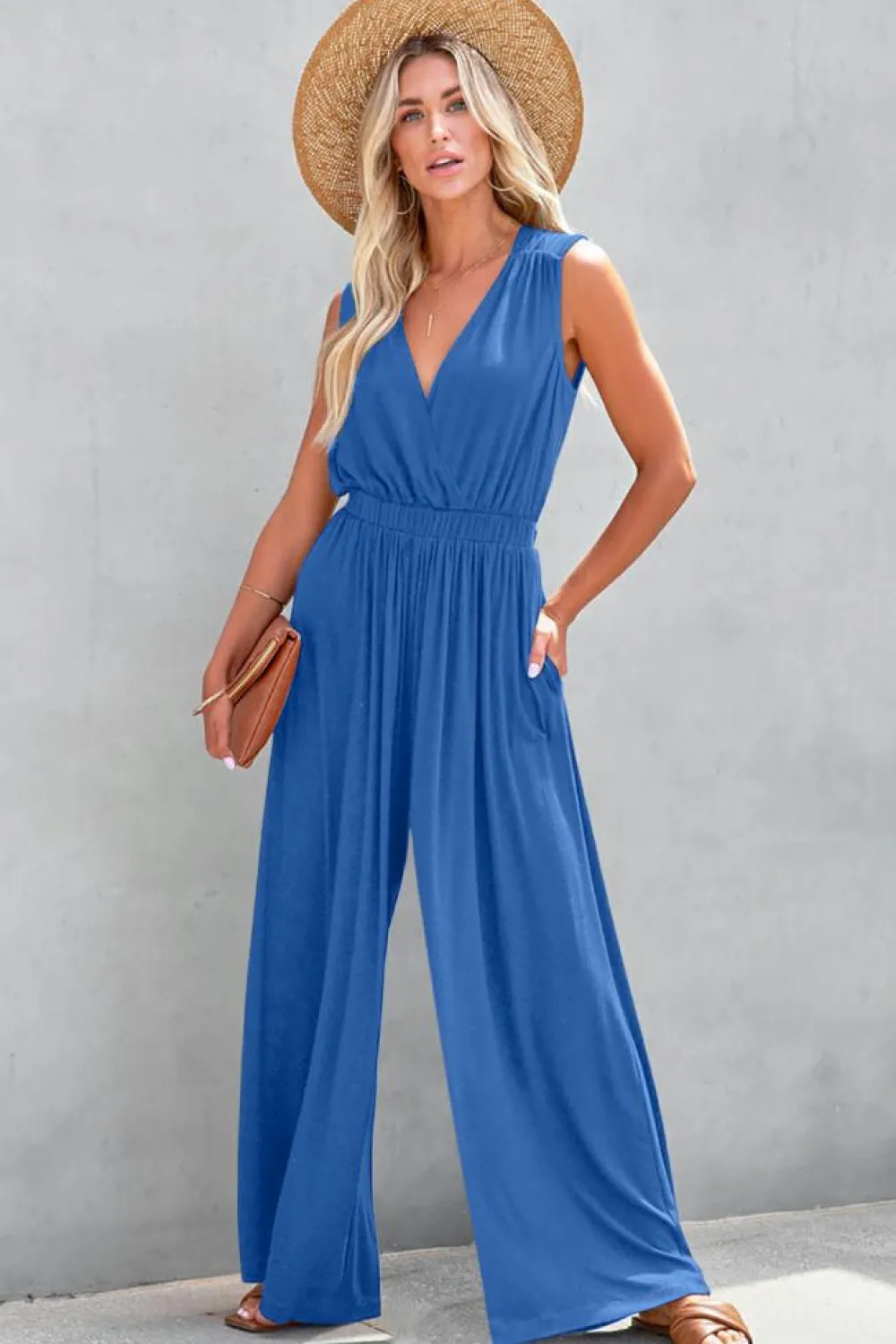 Best Dear-Lover Deep V Pleated Crisscross Wide Leg Backless Jumpsuit Sky Blue