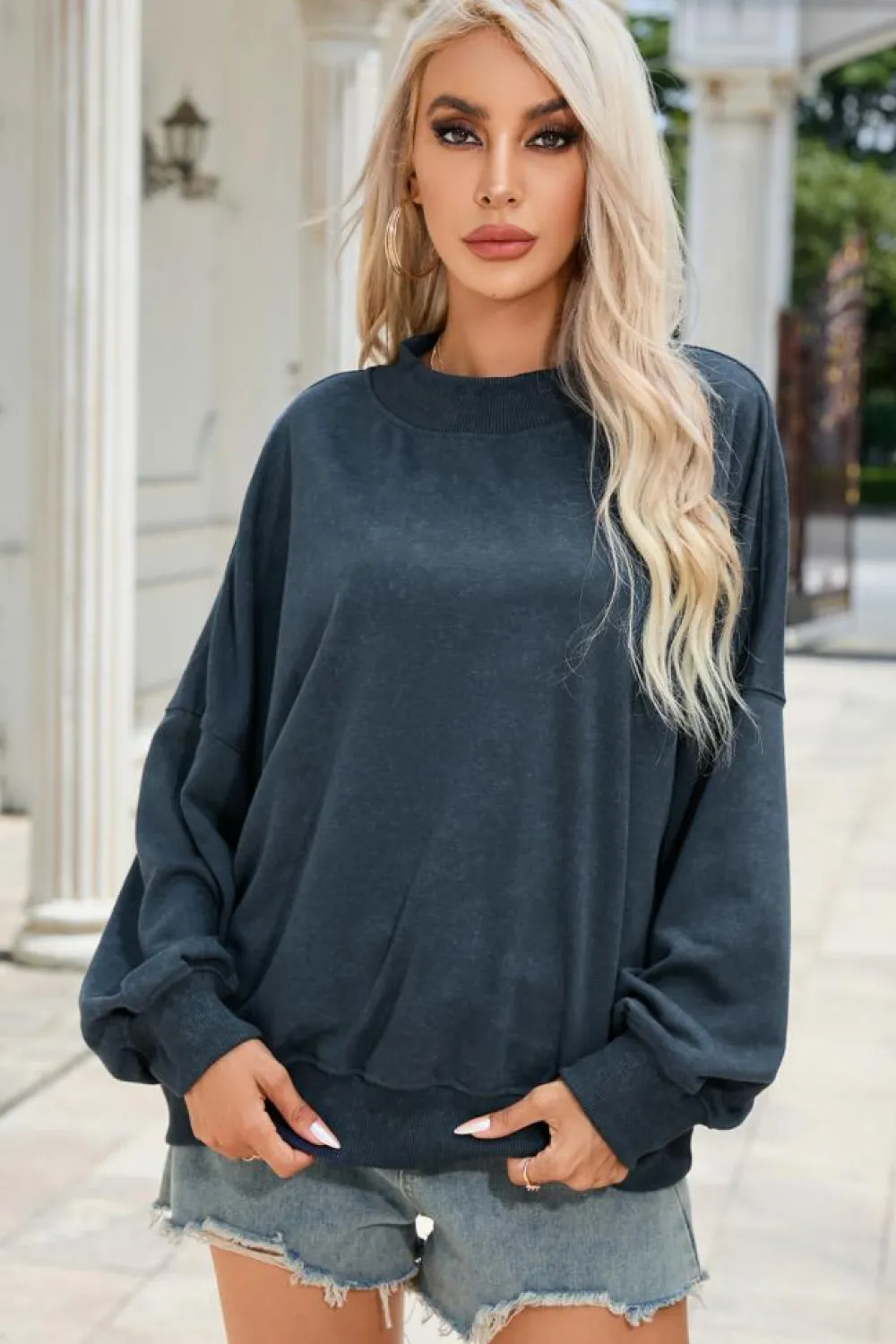 Outlet Dear-Lover Drop Shoulder Crew Neck Pullover Sweatshirt Sky Blue