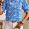 Fashion Dear-Lover Eyelet Flower Embroidery Frilled Short Puff Sleeve Blouse Sky Blue