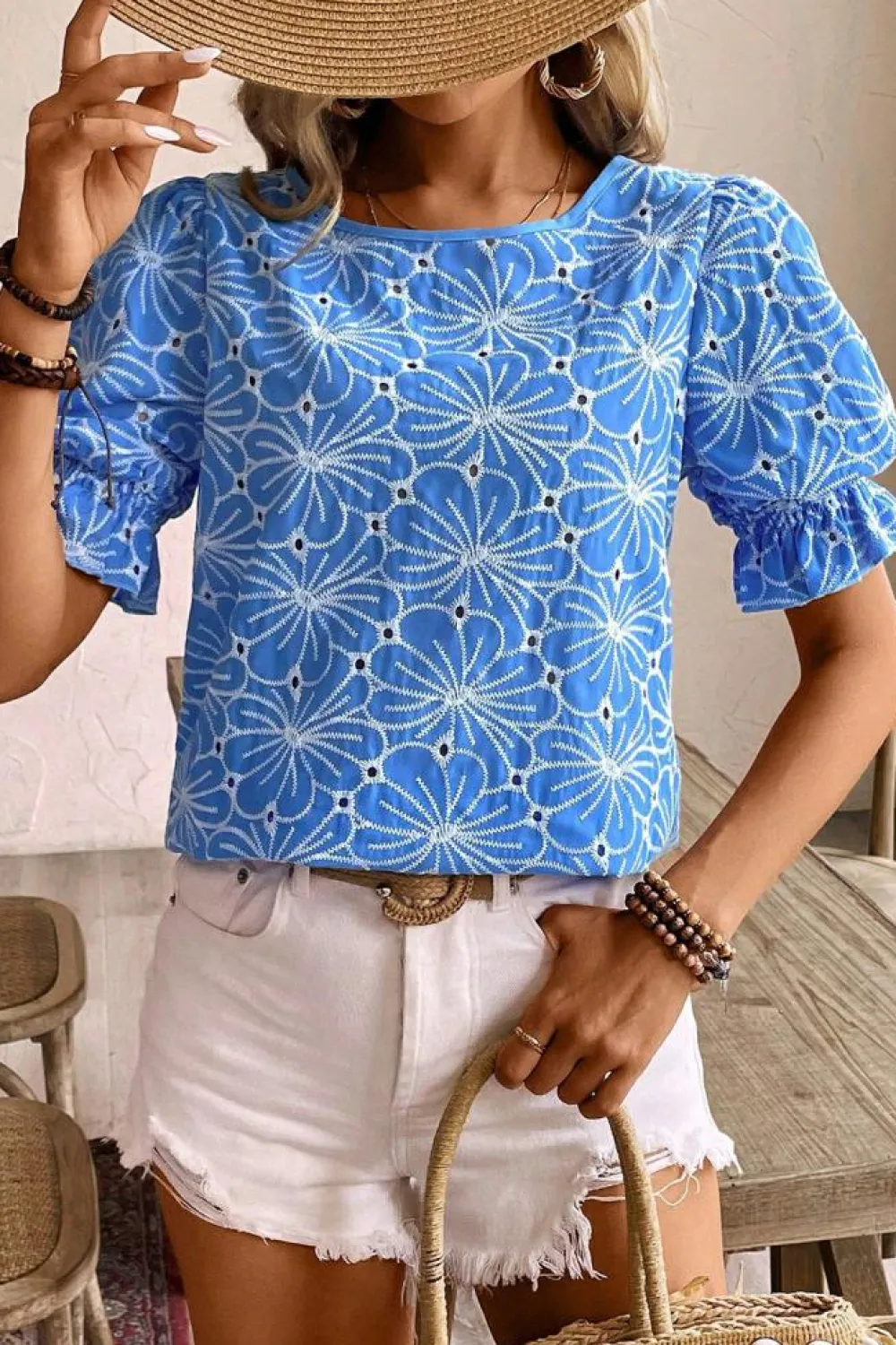 Fashion Dear-Lover Eyelet Flower Embroidery Frilled Short Puff Sleeve Blouse Sky Blue