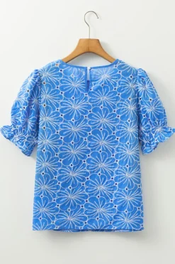 Fashion Dear-Lover Eyelet Flower Embroidery Frilled Short Puff Sleeve Blouse Sky Blue