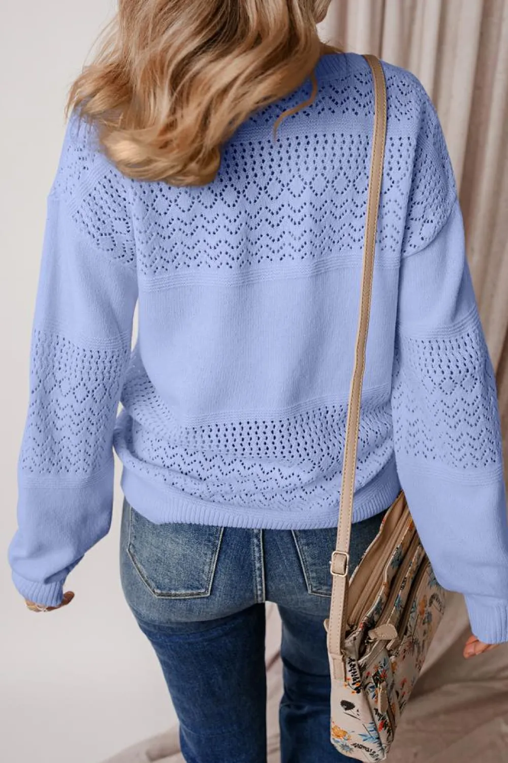 Clearance Dear-Lover Eyelet Pattern Detail V Neck Drop Shoulder Sweater Sky Blue