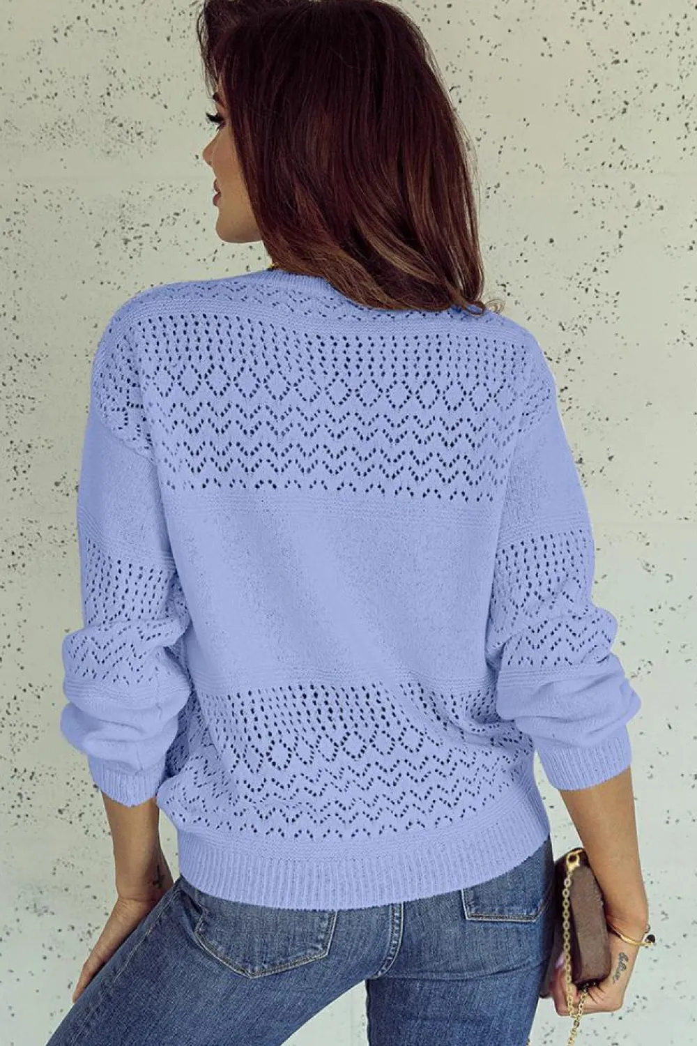 Clearance Dear-Lover Eyelet Pattern Detail V Neck Drop Shoulder Sweater Sky Blue