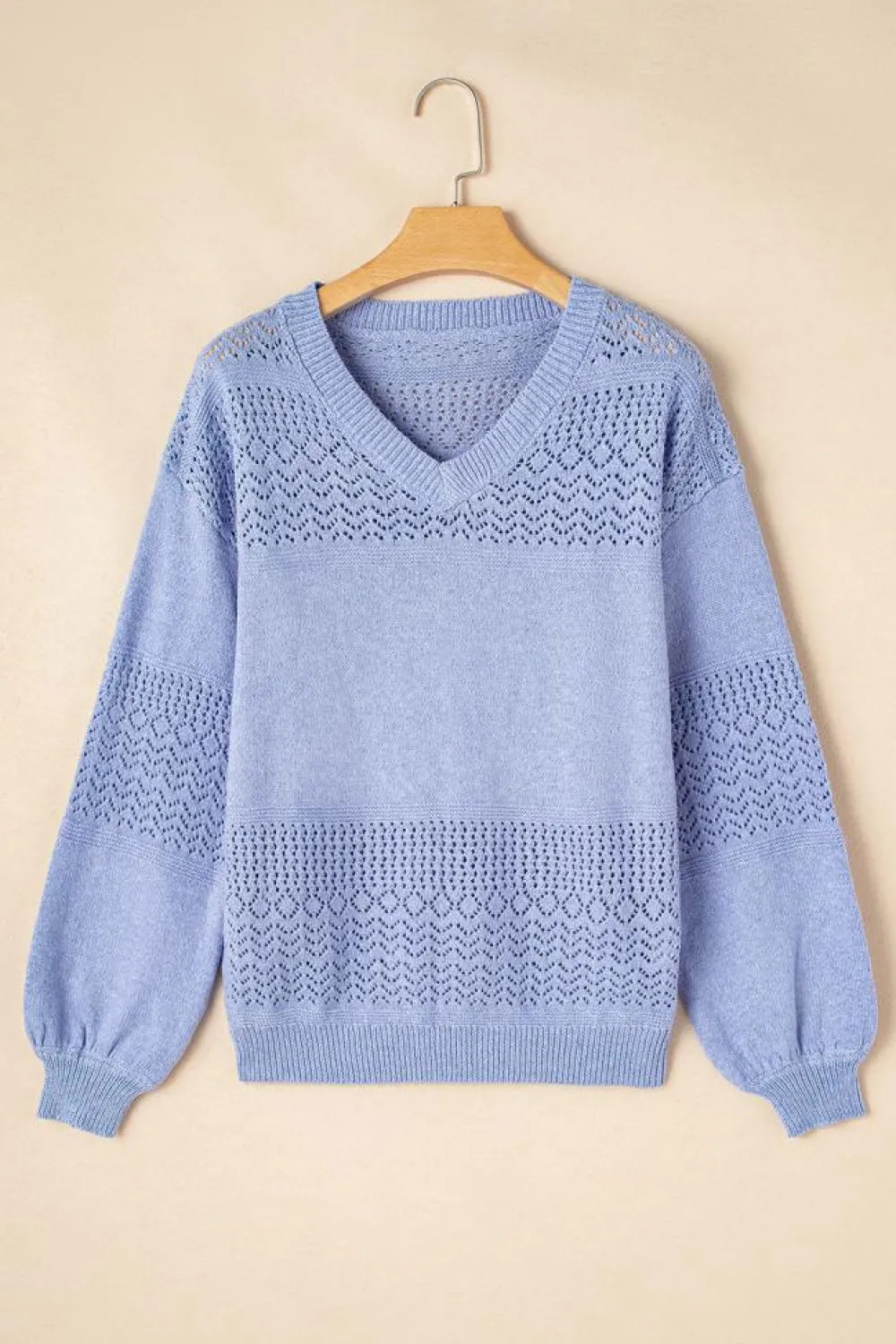 Clearance Dear-Lover Eyelet Pattern Detail V Neck Drop Shoulder Sweater Sky Blue