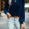 Online Dear-Lover Fiery Mock Neck Puff Sleeve Velvet Blouse Sky Blue