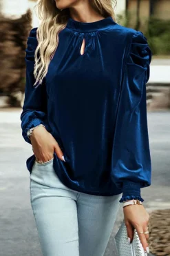 Online Dear-Lover Fiery Mock Neck Puff Sleeve Velvet Blouse Sky Blue