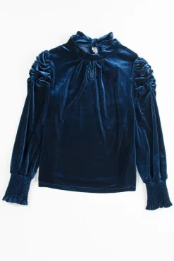 Online Dear-Lover Fiery Mock Neck Puff Sleeve Velvet Blouse Sky Blue