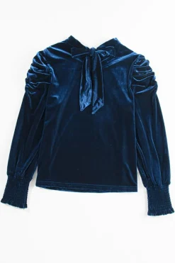 Online Dear-Lover Fiery Mock Neck Puff Sleeve Velvet Blouse Sky Blue