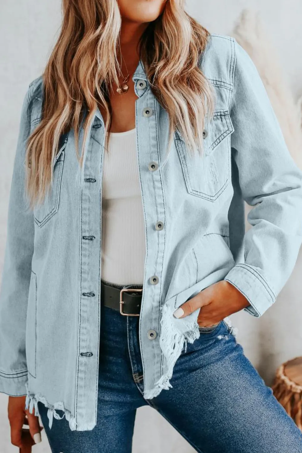 Outlet Dear-Lover Flap Pocket Buttoned Raw Hem Denim Jacket Sky Blue