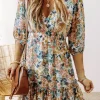 Sale Dear-Lover Floral 3/4 Sleeve V Neck High Waist Ruffled Dress Sky Blue