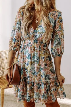 Sale Dear-Lover Floral 3/4 Sleeve V Neck High Waist Ruffled Dress Sky Blue